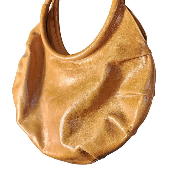 Rare HTF Zina Eva Pleated Camel Tan Leather Circle Shoulder Bag Purse EUC Boho - Picture 4 of 12